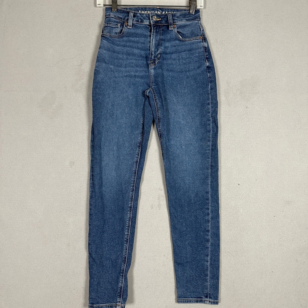 American Eagle Jeans Womens 000 Mom Jean Blue Stretch Distressed Denim Pants EUC